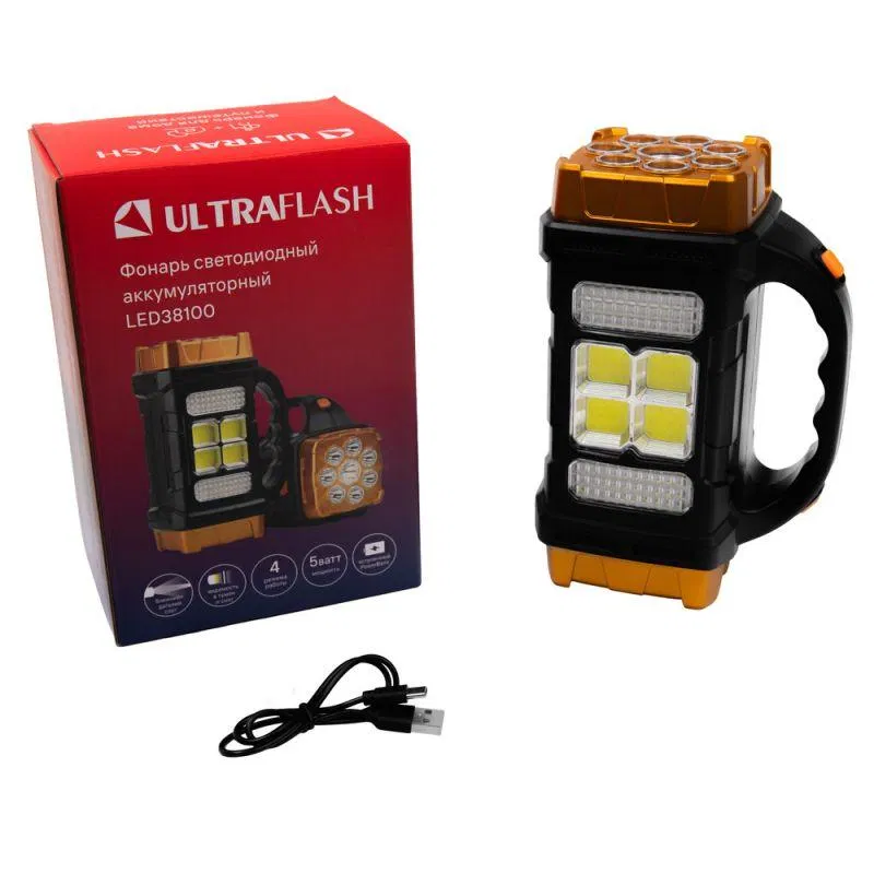 Фонарь аккумуляторный LED38100 76LED+4COB 4 реж. Type-C PowerBank пластик коробка черн./охра Ultraflash 15950