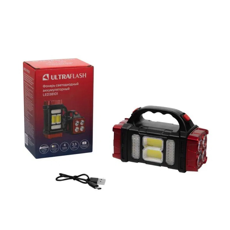 Фонарь аккумуляторный LED38101 40LED+2COB 4 реж. Type-C PowerBank пластик коробка черн./малин. Ultraflash 15951