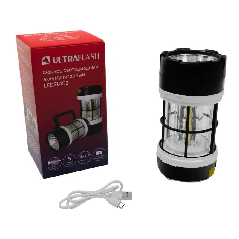Фонарь аккумуляторный LED38102 LED+3COB 5 реж. Micro-USB PowerBank пластик коробка черн./бел. Ultraflash 15952