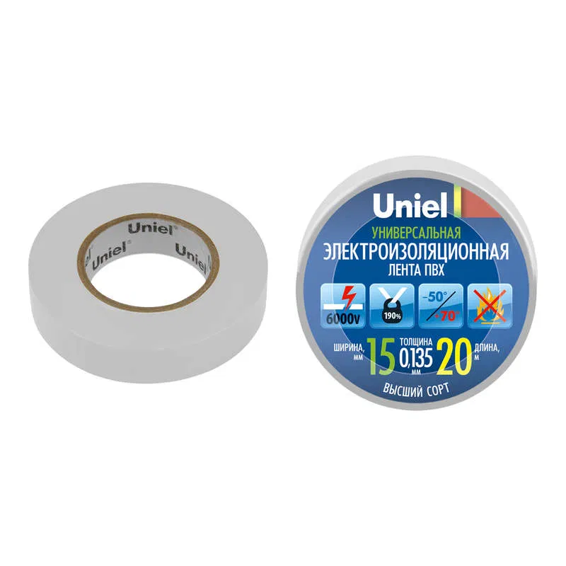Лента изоляционная 0.135х15мм 20м UIT-135P 20/15/01 WHT бел. Uniel 04488