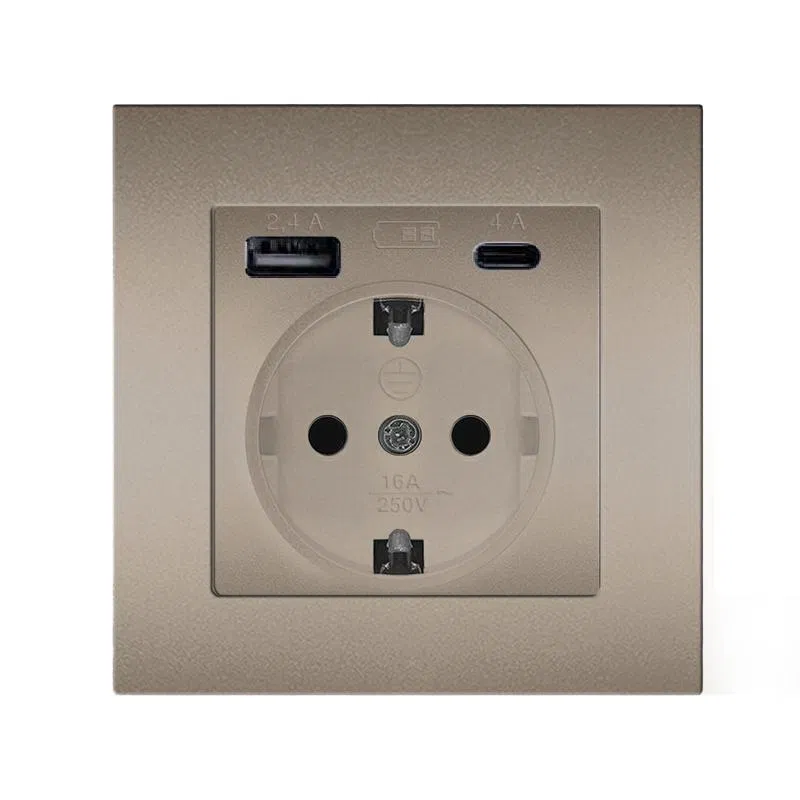 Розетка СП Афина 16А с заземл. с 2-мя заряд. устр. USB 5В тип А(2.4А)+С(4А) в сборе шампань Universal А0056-Br