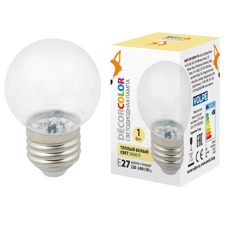 Лампа светодиодная декоративная LED-G45-1W/3000K/E27/CL/С "шар" прозр. теплый бел. свет (3000К) картон Volpe UL-00005807