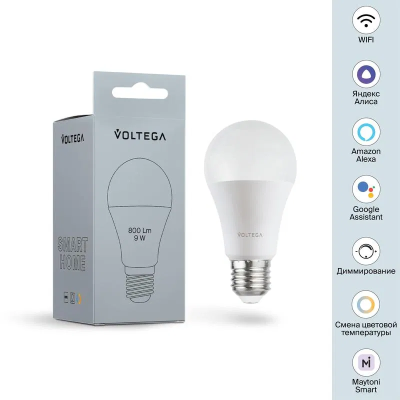 Лампа светодиодная Wi-Fi A60 9Вт 2700К-6500К E27 MIX DIM Voltega 2429