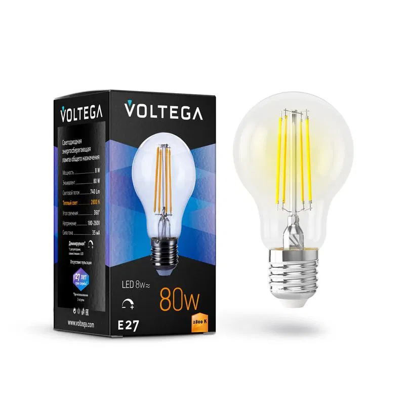 Лампа светодиодная Crystal A60 8Вт 2800К E27 DIM Voltega 5489