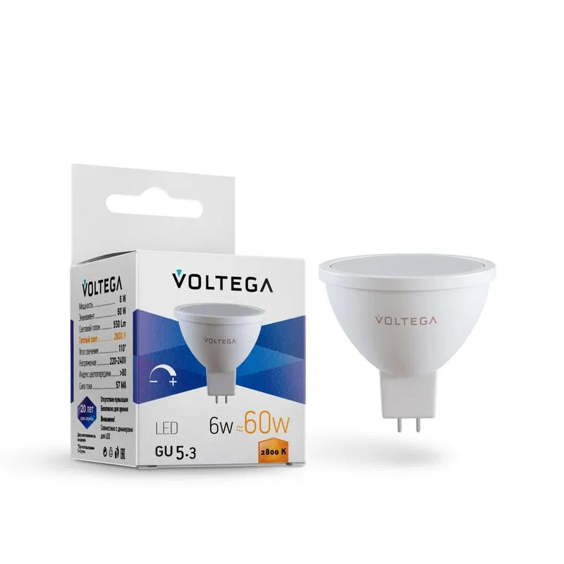 Лампа светодиодная Simple MR16 6Вт 2800К GU5.3 110град. DIM Voltega 7170