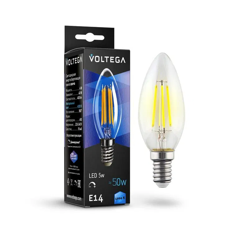 Лампа светодиодная Crystal Candle 5Вт 4000К E14 DIM Voltega 8461