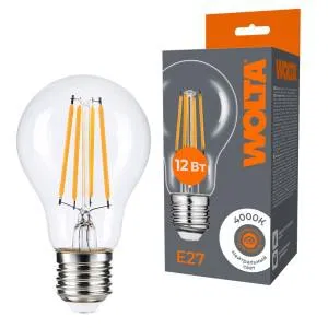 Лампа светодиодная Filament A60 12Вт грушевидная прозрачная 4000К E27 1100лм WOLTA WF-A60-12W4KE27