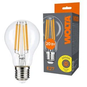 Лампа светодиодная Filament A60 20Вт грушевидная прозрачная 3000К E27 1800лм WOLTA WF-A60-20W3KE27