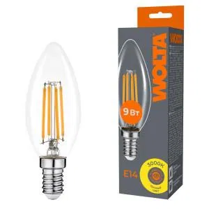 Лампа светодиодная Filament C35 9Вт свеча прозрачная 3000К E14 810лм WOLTA WF-C35-9W3KE14