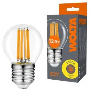 Лампа светодиодная Filament G45 12Вт шар прозрачная 3000К E27 1050лм WOLTA WF-G45-12W3KE27