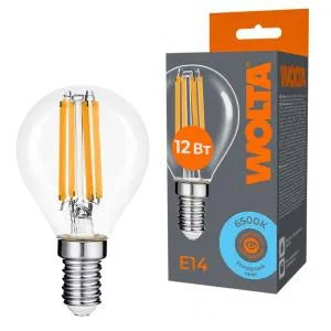 Лампа светодиодная Filament G45 12Вт шар прозрачная 6500К E14 1050лм WOLTA WF-G45-12W6KE14