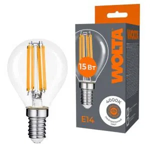 Лампа светодиодная Filament G45 15Вт шар прозрачная 4000К E14 1200лм WOLTA WF-G45-15W4KE14