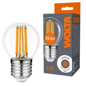 Лампа светодиодная Filament G45 15Вт шар прозрачная 4000К E27 1200лм WOLTA WF-G45-15W4KE27
