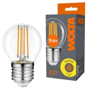 Лампа светодиодная Filament G45 9Вт шар прозрачная 3000К E27 810лм WOLTA WF-G45-9W3KE27